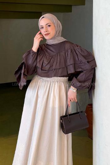 Lamelif Volanlı Bluz Kahve