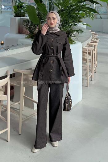 Lamelif Bağlama Detaylı Denim Takım Koyu Kahverengi