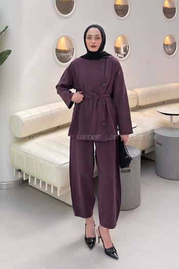 Lamelif Bağlama Detaylı Tensel Takım Mürdüm