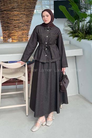 Lamelif Bağlamalı Denim Takım Kahverengi