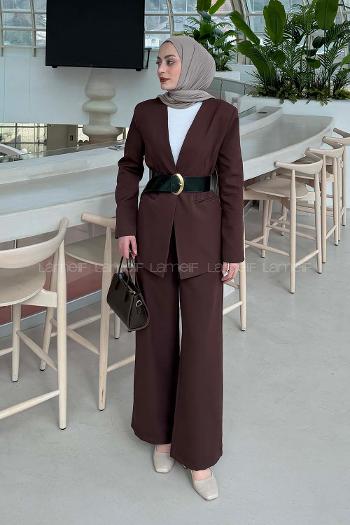 Lamelif Ceket-Pantolon Kemerli Takım Acı Kahve