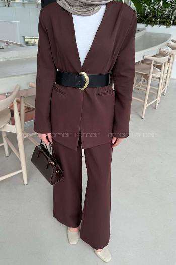 Lamelif Ceket-Pantolon Kemerli Takım Acı Kahve