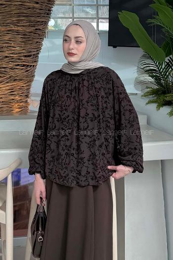 Lamelif Çiçek Baskılı Bluz Acı Kahve