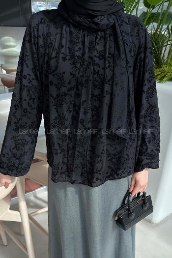 Lamelif Çiçek Baskılı Bluz Siyah