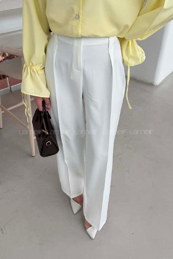 Lamelif Çift Kemer Detaylı Pantolon Beyaz