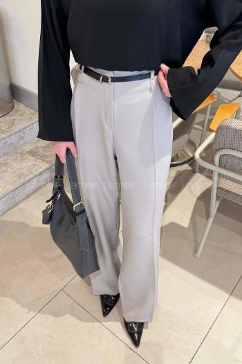 Lamelif Çift Kemer Detaylı Pantolon Gri