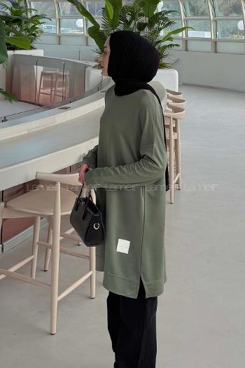 Lamelif İki iplikli Arma Detaylı Sweat Tunik Haki