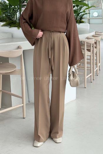 Lamelif İp Detaylı Pantolon Soft Kahve