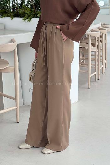 Lamelif İp Detaylı Pantolon Soft Kahve