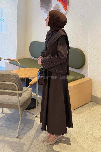 Lamelif Pelerinli Denim Takım Kahverengi