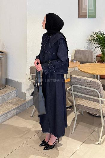 Lamelif Pelerinli Denim Takım Koyu Mavi