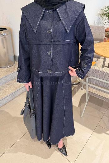 Lamelif Pelerinli Denim Takım Koyu Mavi