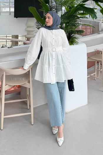 Lamelif Taşlı Düğme Detaylı Gömlek Beyaz