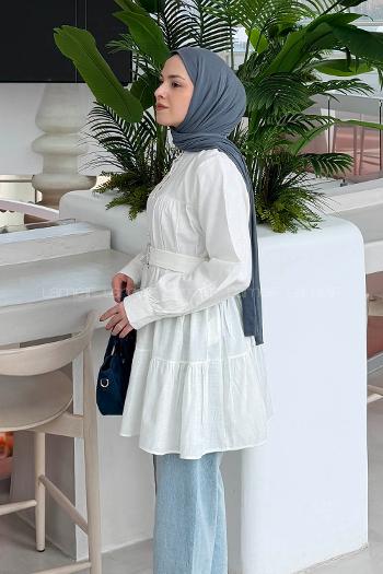 Lamelif Taşlı Düğme Detaylı Gömlek Beyaz