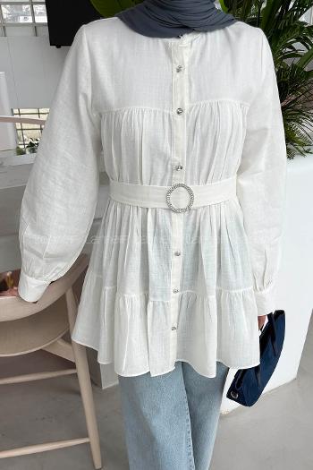 Lamelif Taşlı Düğme Detaylı Gömlek Beyaz