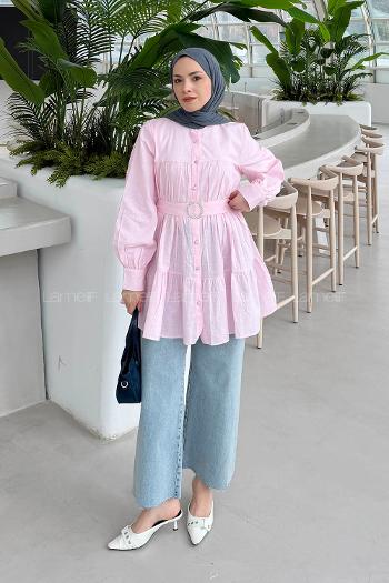 Lamelif Taşlı Düğme Detaylı Gömlek Pembe