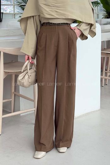 Lamelif Yüksek Bel Palazzo Pantolon Sütlü Kahve