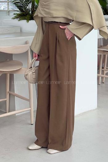Lamelif Yüksek Bel Palazzo Pantolon Sütlü Kahve