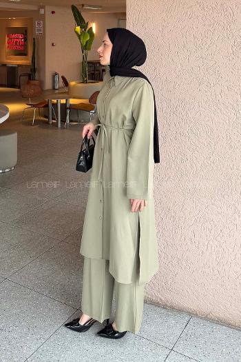 Lamelif Omuz Büzgülü Tesettür Takım Asker Yeşili