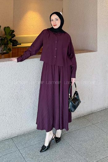 Plum Shirt Collar Long Arm Cotton Straight Skirt Suit