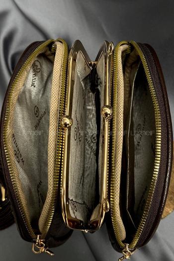 Lamelif Noreza Büzgülü Mıknatıs Bölmeli Çok Gözlü Çapraz Çanta Acı Kahve