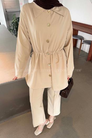 Cream Shirt Collar Long Arm Cotton Regular Trousers Comfortable Suit