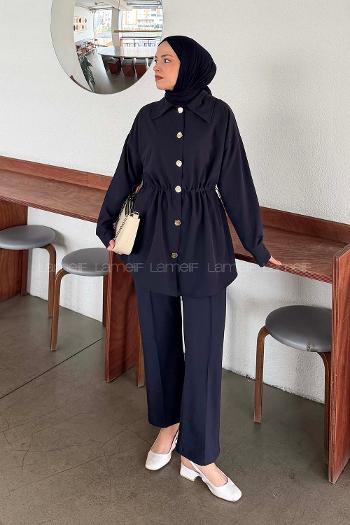 Navy Blue Shirt Collar Long Arm Cotton Regular Trousers Comfortable Suit