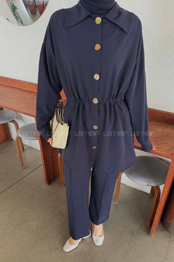 Navy Blue Shirt Collar Long Arm Cotton Regular Trousers Comfortable Suit