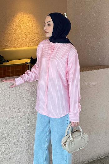 Lamelif Çizgili Modal Gömlek Pembe