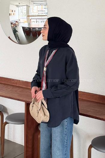 Lamelif Fular Bağlamalı Gömlek Lacivert