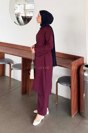 Lamelif Omuz Büzgülü Tesettür Takım Bordo
