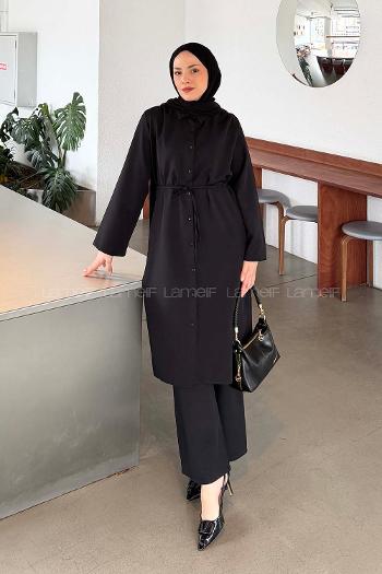 Lamelif Omuz Büzgülü Tesettür Takım Siyah