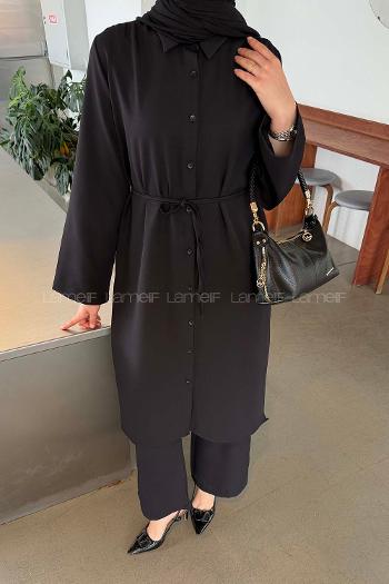 Lamelif Omuz Büzgülü Tesettür Takım Siyah