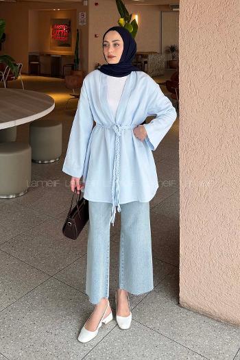 Lamelif Örgü Bağlamalı Kimono Ceket Bebe Mavisi