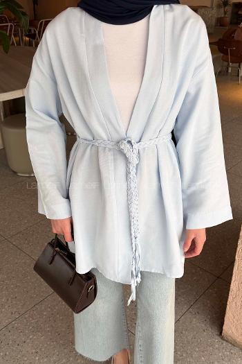Lamelif Örgü Bağlamalı Kimono Ceket Bebe Mavisi