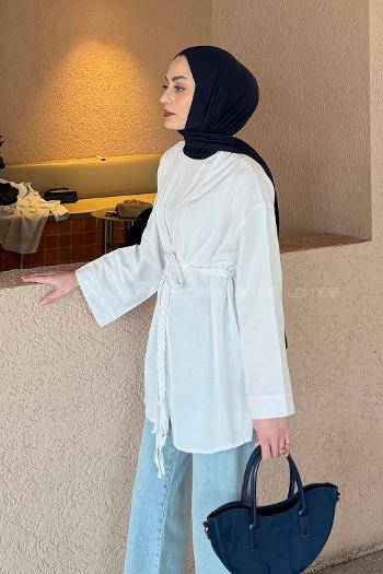 Lamelif Örgü Bağlamalı Kimono Ceket Beyaz