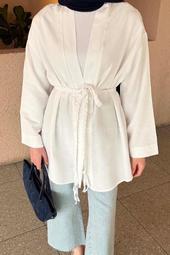 Lamelif Örgü Bağlamalı Kimono Ceket Beyaz