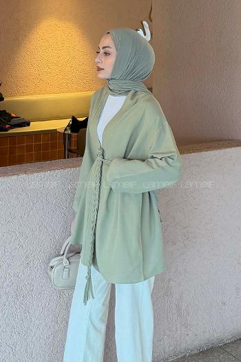Lamelif Örgü Bağlamalı Kimono Ceket Çağla Yeşili