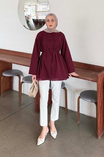 Lamelif Piliseli Geniş Kol Gömlek Bordo