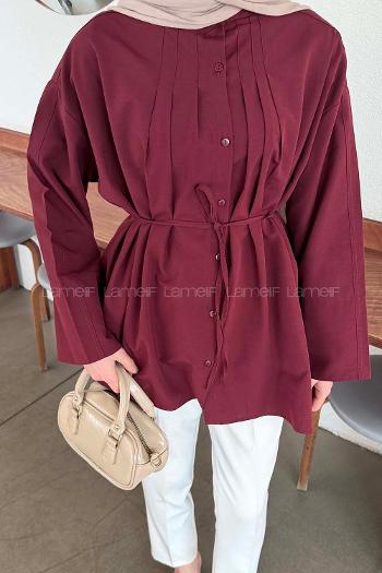 Lamelif Piliseli Geniş Kol Gömlek Bordo