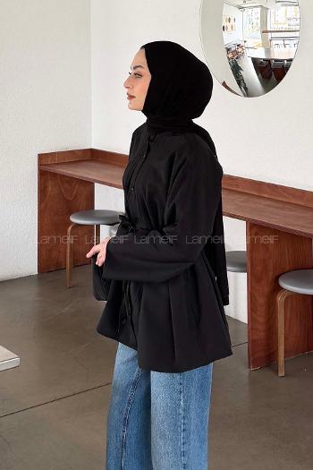 Lamelif Piliseli Geniş Kol Gömlek Siyah