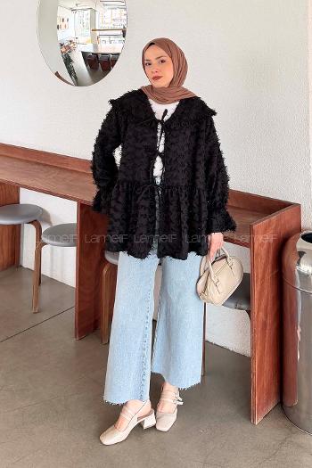 Lamelif Püskül Detaylı Bağlamalı Tunik Siyah