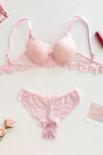 Lamelif Taşlı Dantelli Destekli Sütyen Takım Toz Pembe Renk