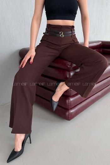 Bitter Brown Polyester High Waist Material Pants