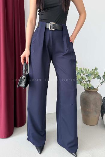 Navy Blue Polyester High Waist Material Pants