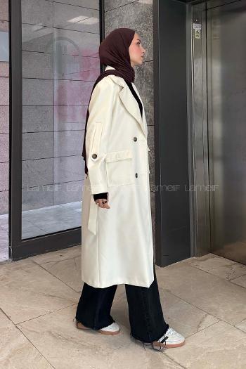 Lamelif Pelican Ön Düğmeli Trençkot Krem