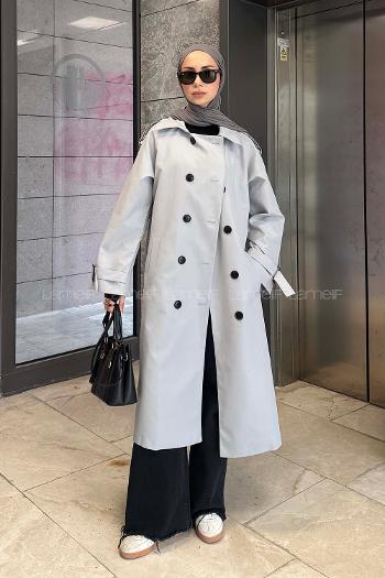 Lamelif Reglan Kol Düğmeli Trenç Gri