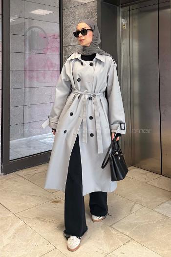 Lamelif Reglan Kol Düğmeli Trenç Gri