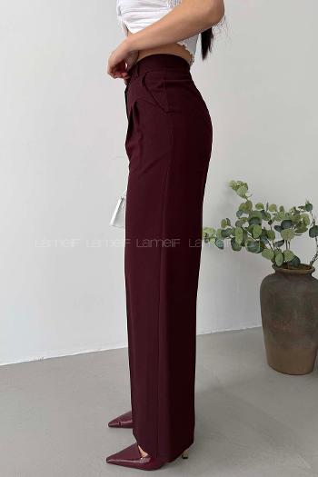 Claret Red Viscose Fabric Polyester High Waist Material Pants