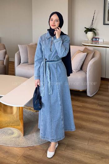 Ice Blue Shirt Collar Denim Dresess